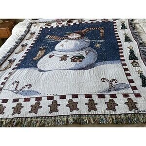 Snowman Christmas Holiday Winter Tapestry Throw Blanket Fringed 50" X 60"